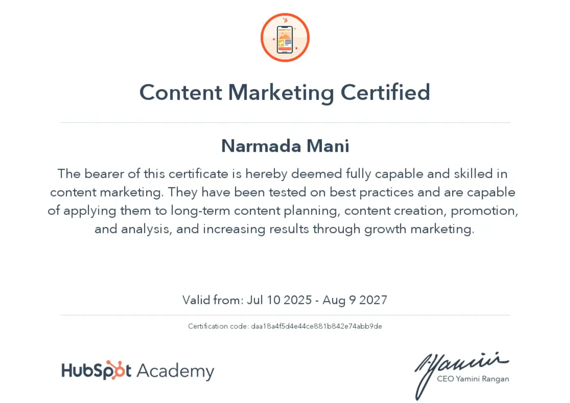 Content Marketing Certificate of best digiatl marketer
